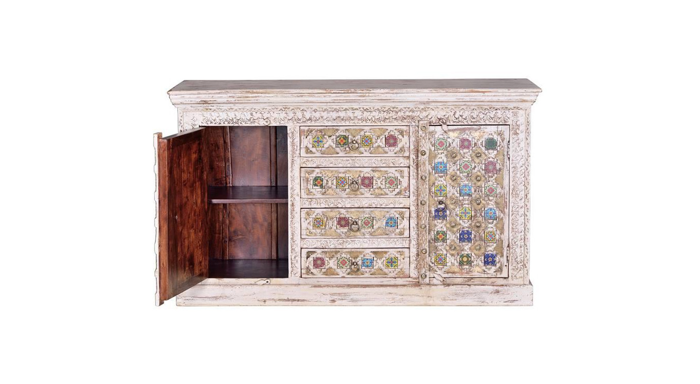 Buffet 4 Tiroirs Bois, Bronze Blanc 150x40x90cm