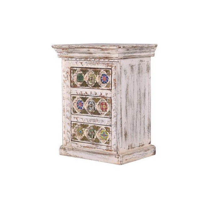 Table De Chevet 3 Tiroirs Bois, Bronze Blanc 45x35x60cm