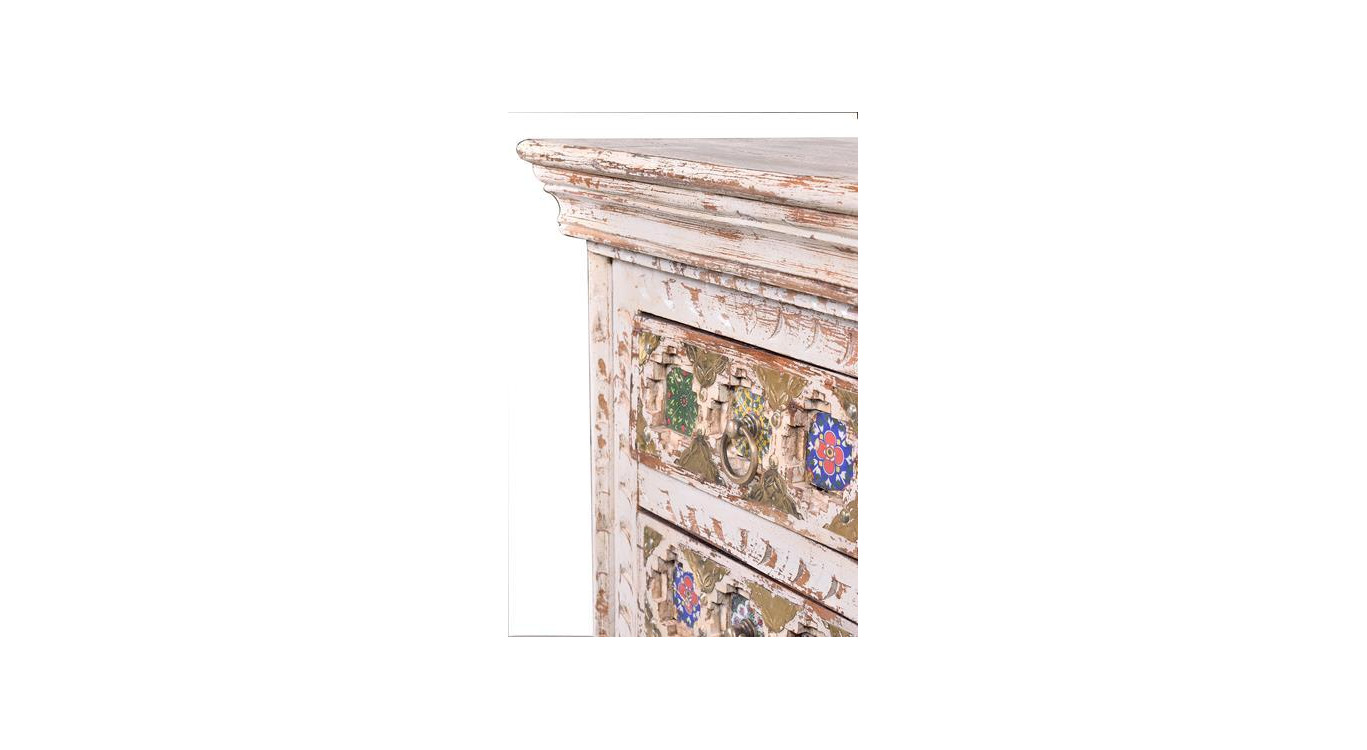 Table De Chevet 3 Tiroirs Bois, Bronze Blanc 45x35x60cm