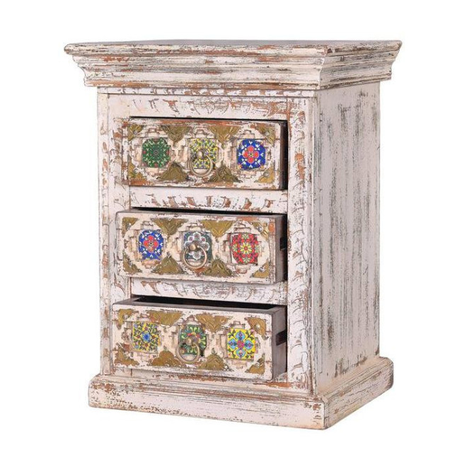 Table De Chevet 3 Tiroirs Bois, Bronze Blanc 45x35x60cm