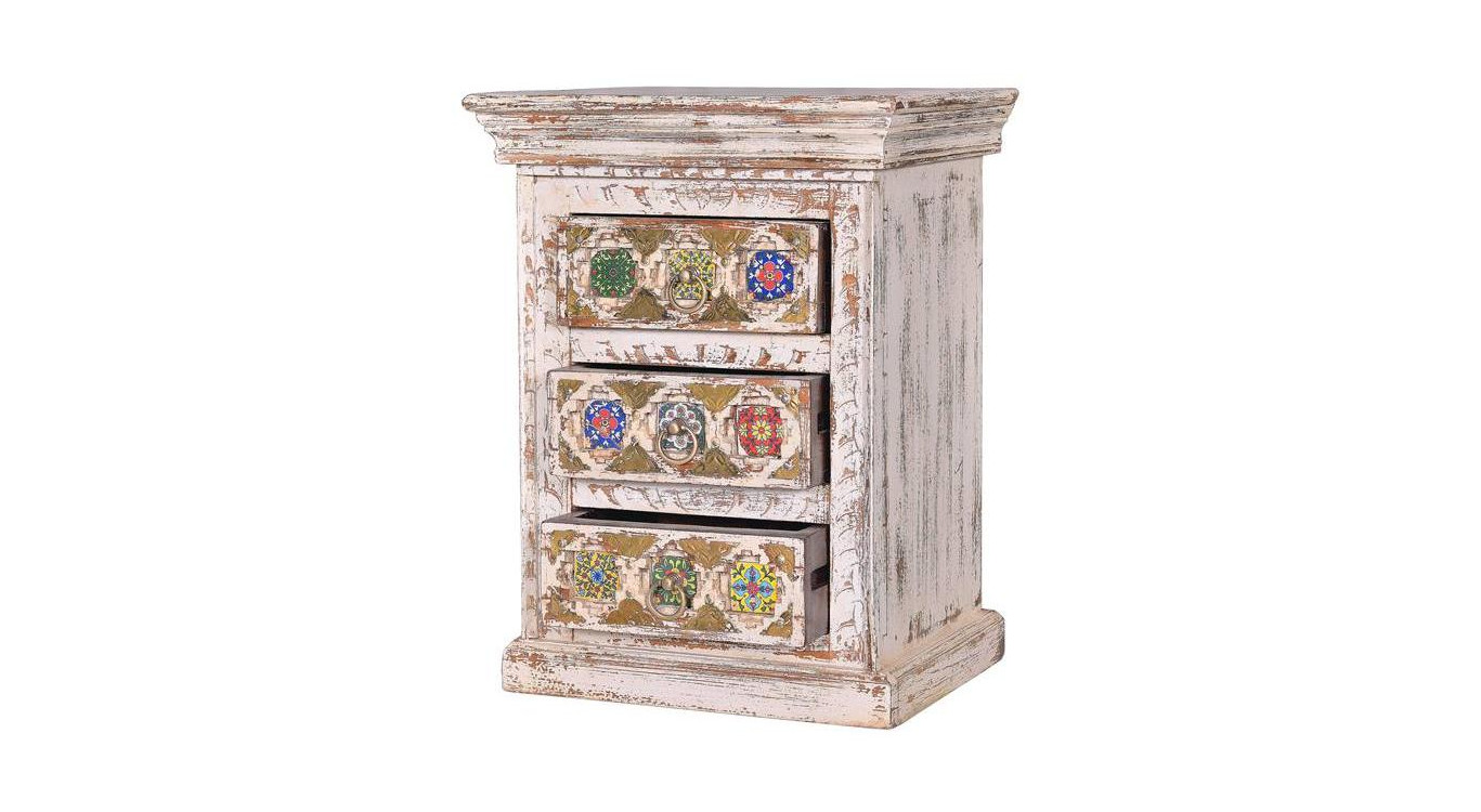 Table De Chevet 3 Tiroirs Bois, Bronze Blanc 45x35x60cm