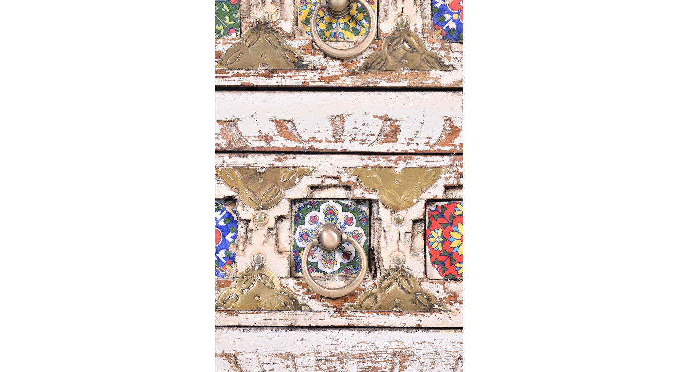 Table De Chevet 3 Tiroirs Bois, Bronze Blanc 45x35x60cm