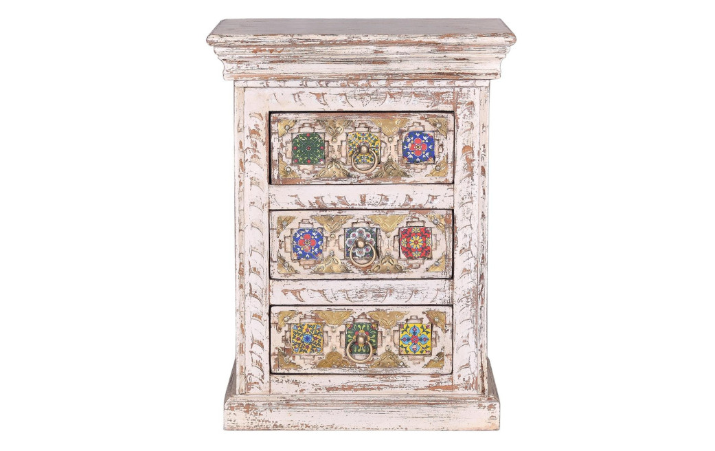 Table De Chevet 3 Tiroirs Bois, Bronze Blanc 45x35x60cm