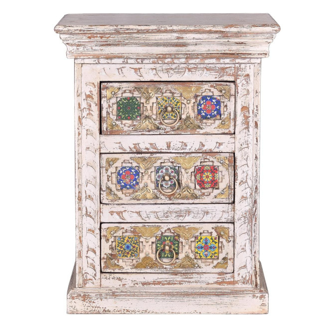 Table De Chevet 3 Tiroirs Bois, Bronze Blanc 45x35x60cm