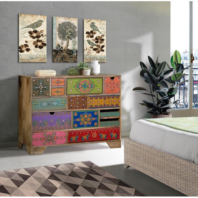 Commode 14 Tiroirs Bois Multicolore 120x40x90cm