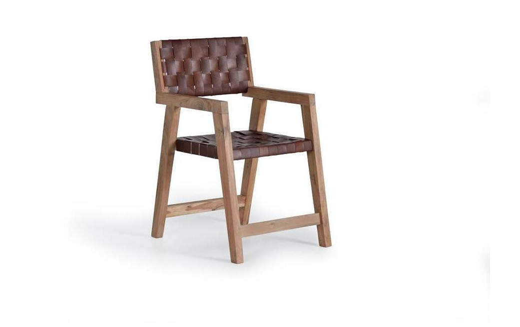 Chaise Bois, Cuir Marron 53x62x90cm