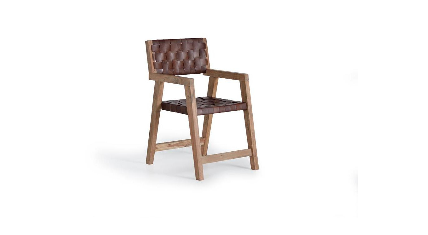 Fauteuil Bois, Cuir Marron 53x62x90cm