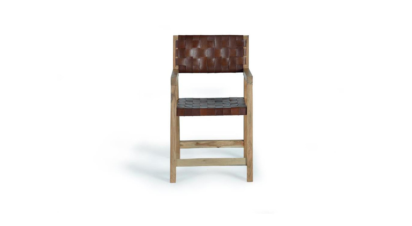 Fauteuil Bois, Cuir Marron 53x62x90cm