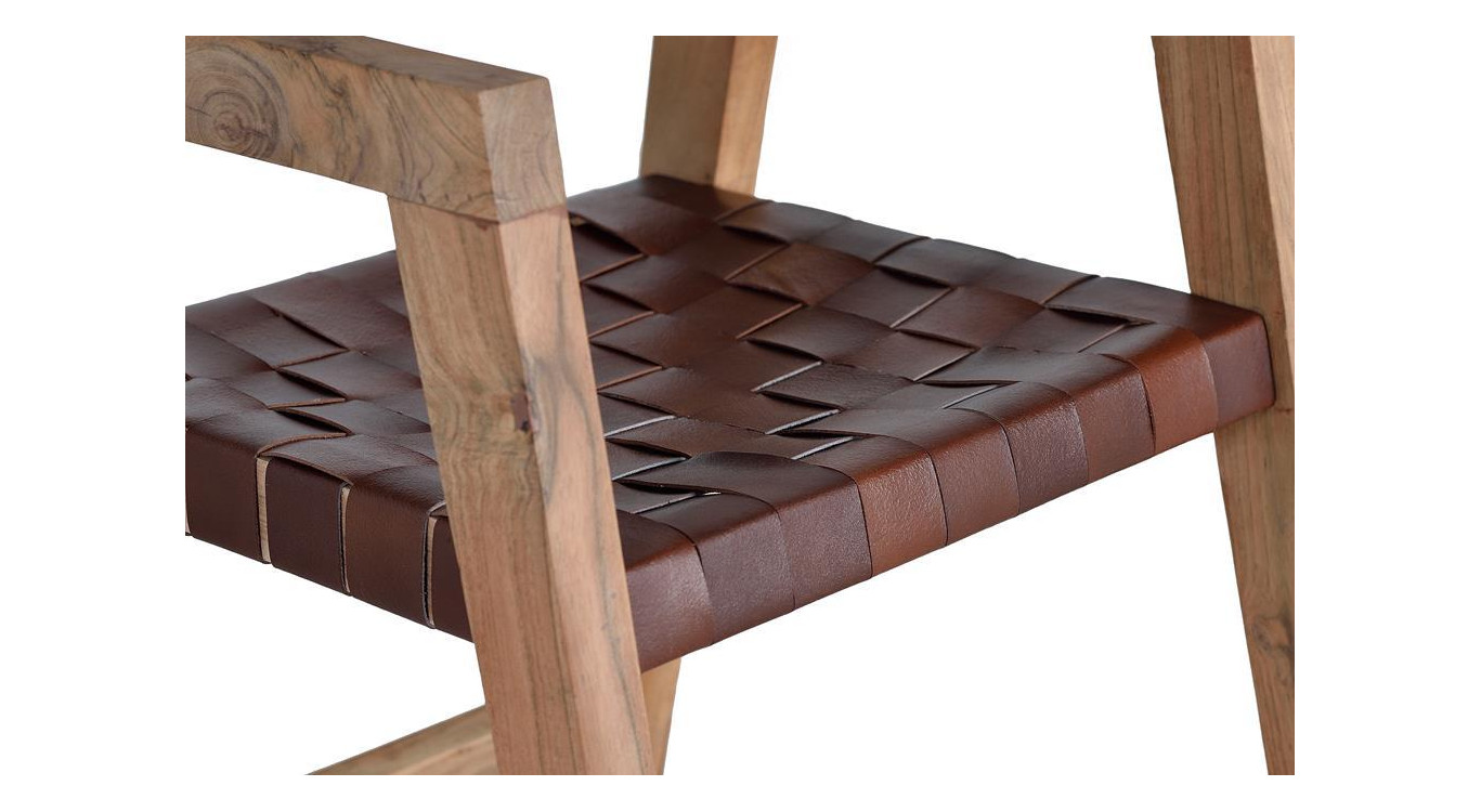 Fauteuil Bois, Cuir Marron 53x62x90cm