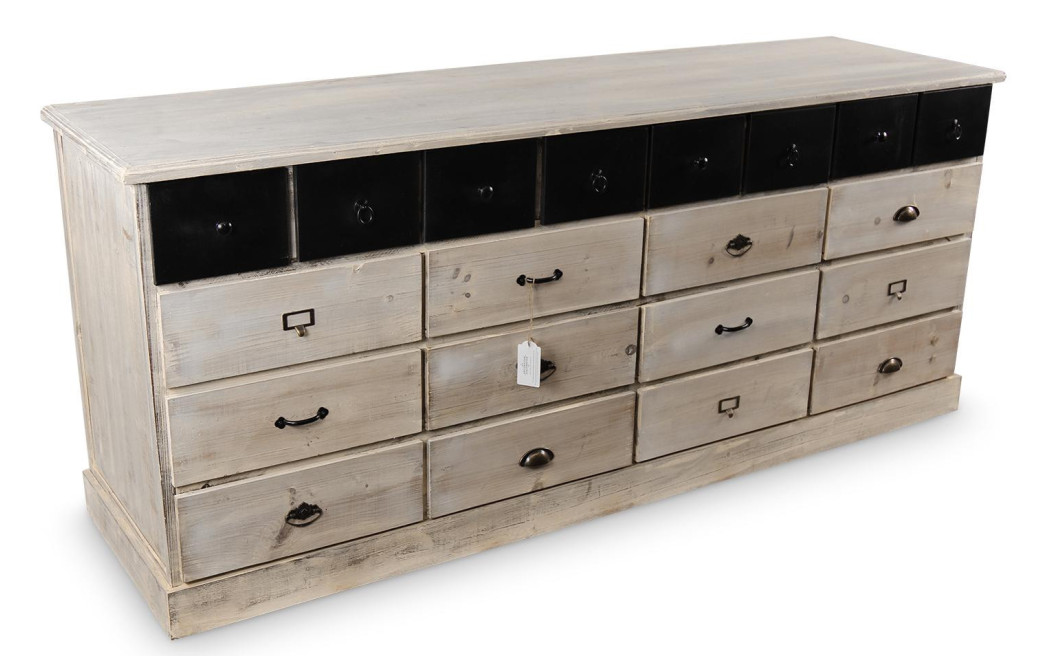 Bahut 20 Tiroirs Bois Blanc Cérusé 199x55x85cm