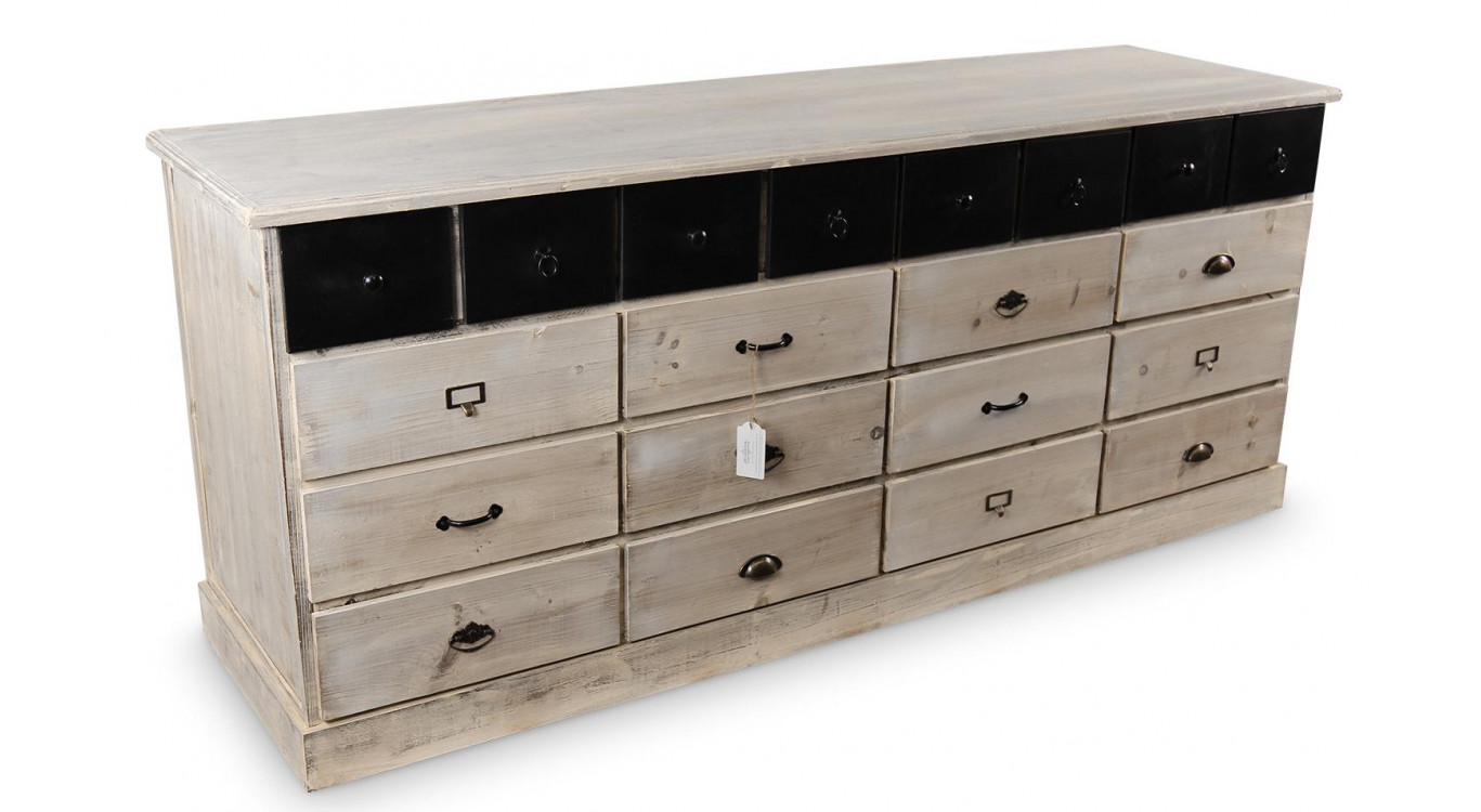 Truhe 20 Schubladen Holz Weiß Gekälkt 199x55x85cm