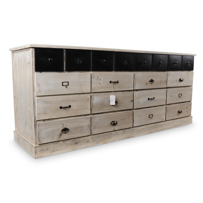 Bahut 20 Tiroirs Bois Blanc Cérusé 199x55x85cm