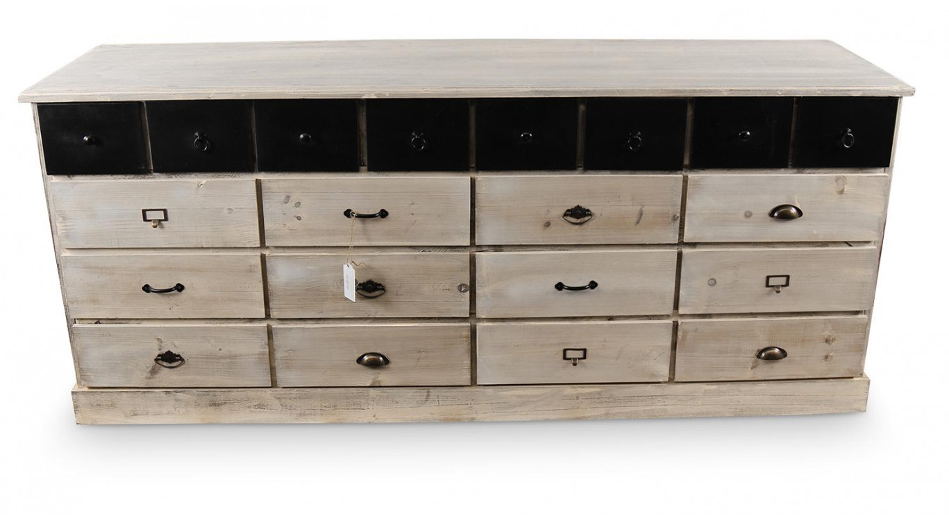 Bahut 20 Tiroirs Bois Blanc Cérusé 199x55x85cm