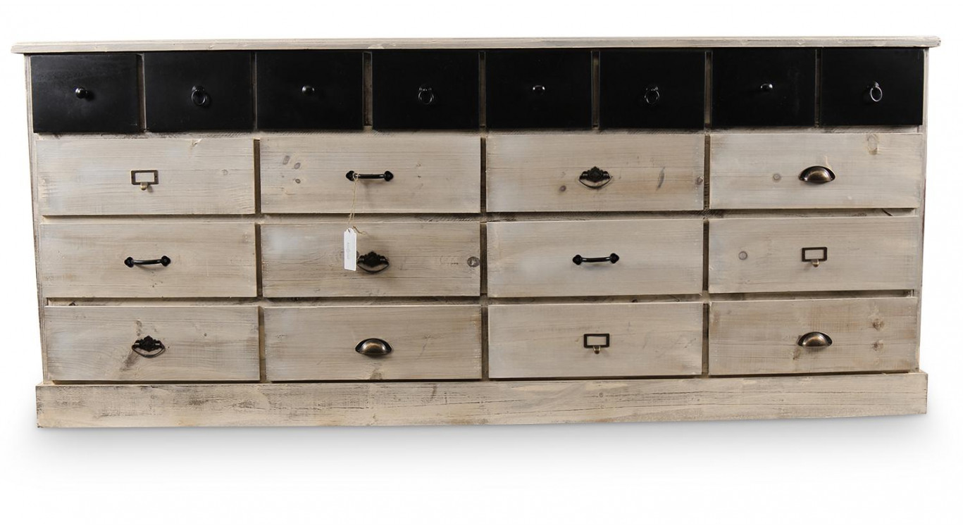 Bahut 20 Tiroirs Bois Blanc Cérusé 199x55x85cm