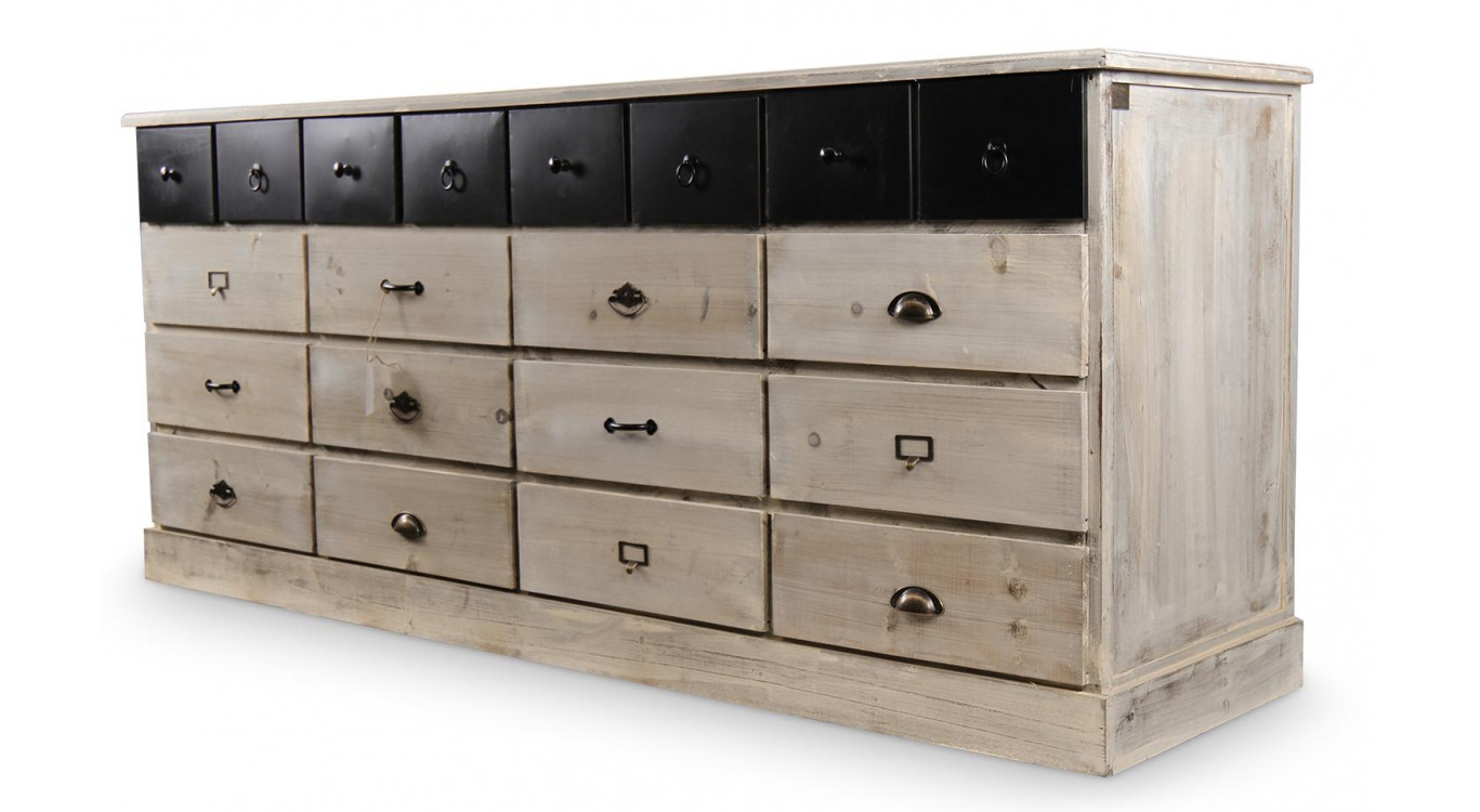 Truhe 20 Schubladen Holz Weiß Gekälkt 199x55x85cm