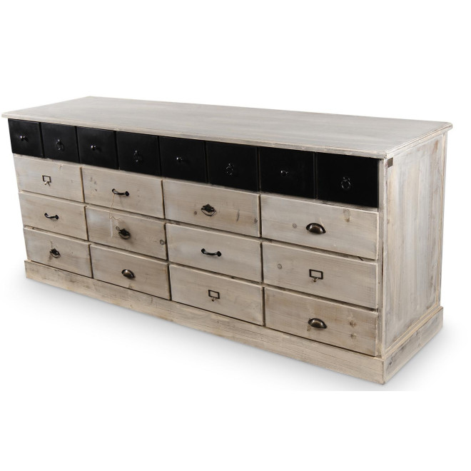 Bahut 20 Tiroirs Bois Blanc Cérusé 199x55x85cm