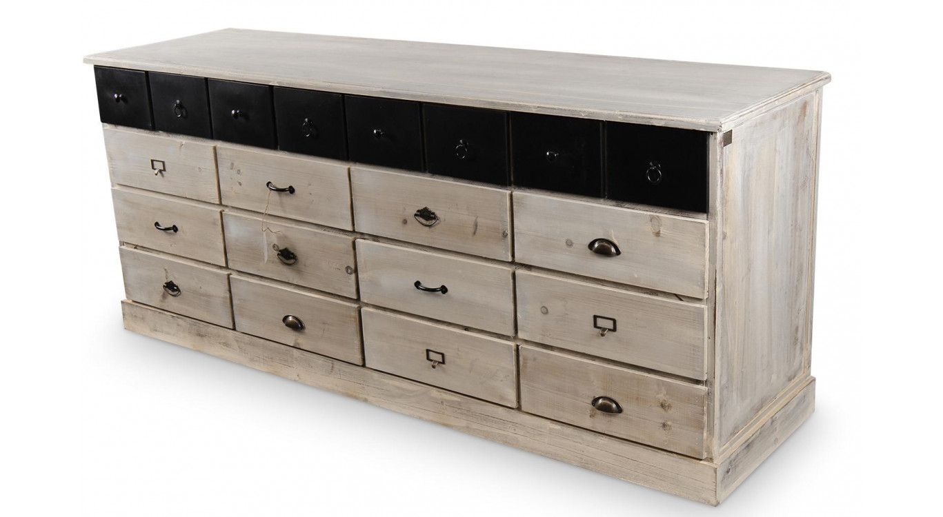 Truhe 20 Schubladen Holz Weiß Gekälkt 199x55x85cm