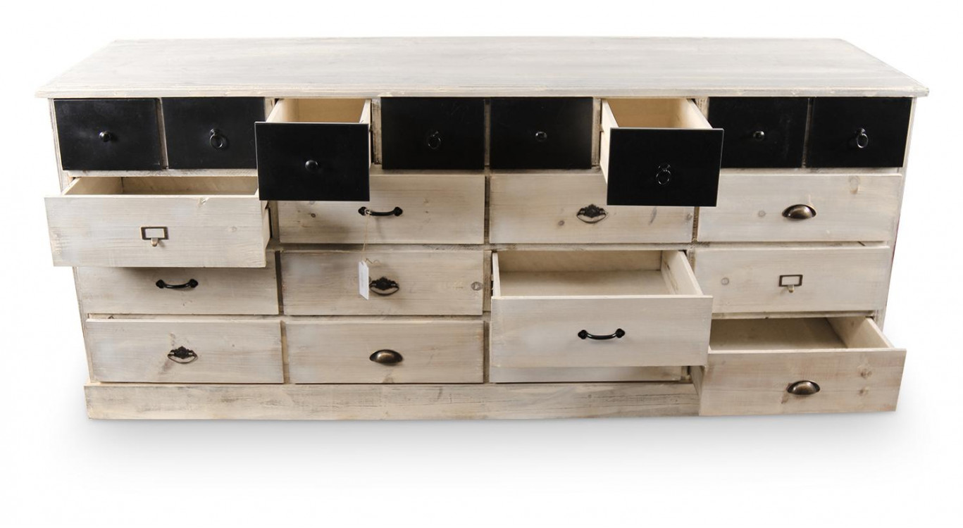 Bahut 20 Tiroirs Bois Blanc Cérusé 199x55x85cm