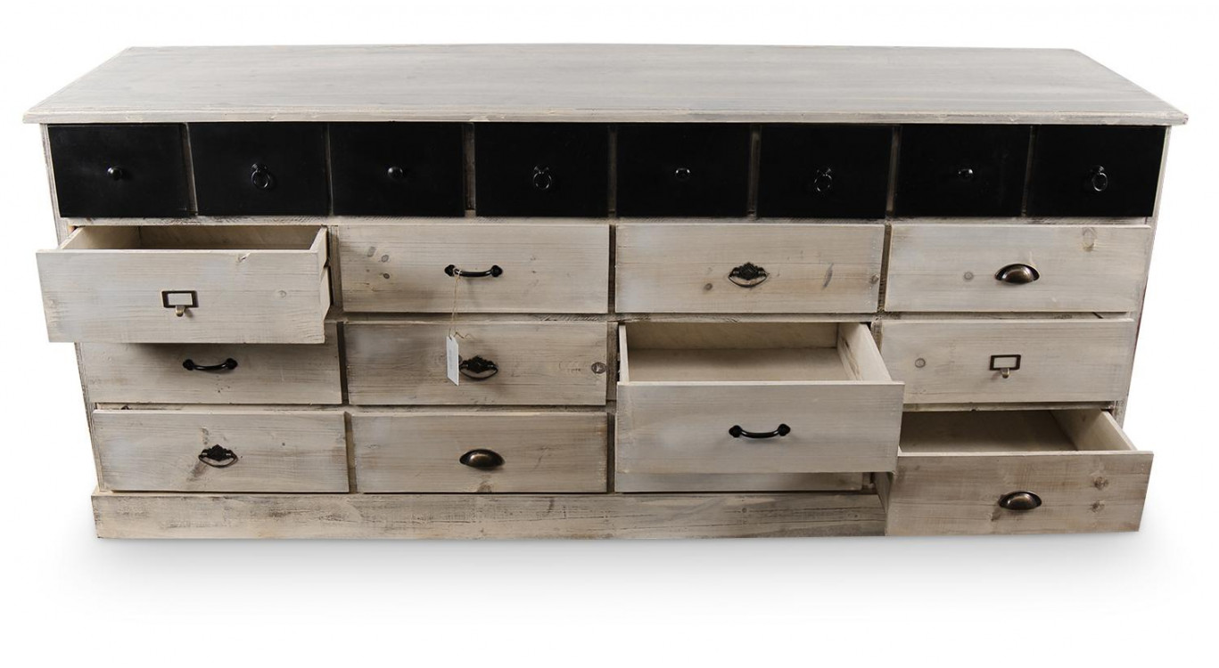 Bahut 20 Tiroirs Bois Blanc Cérusé 199x55x85cm