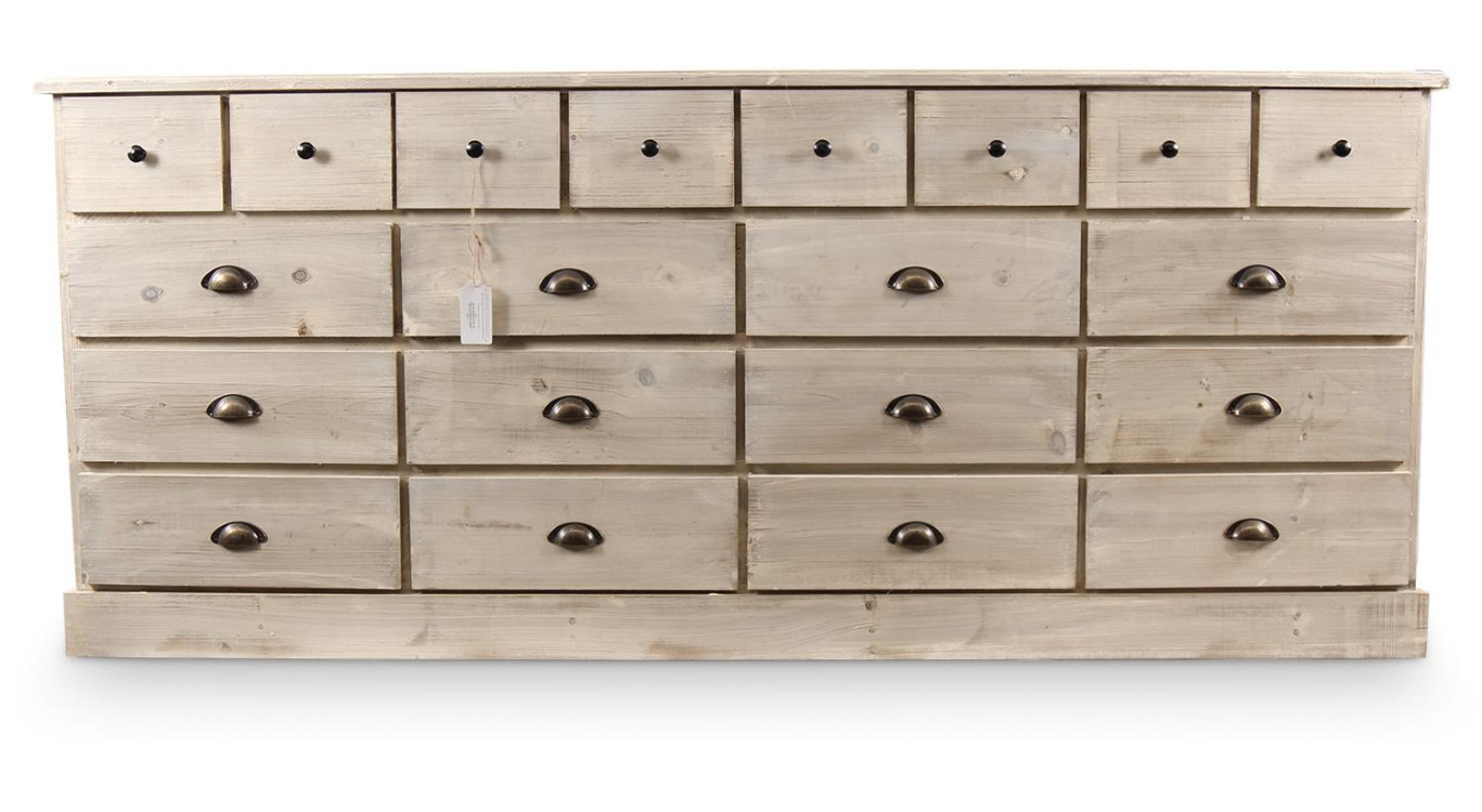 Truhe 20 Schubladen Holz Weiß Gekälkt 199x55x85cm