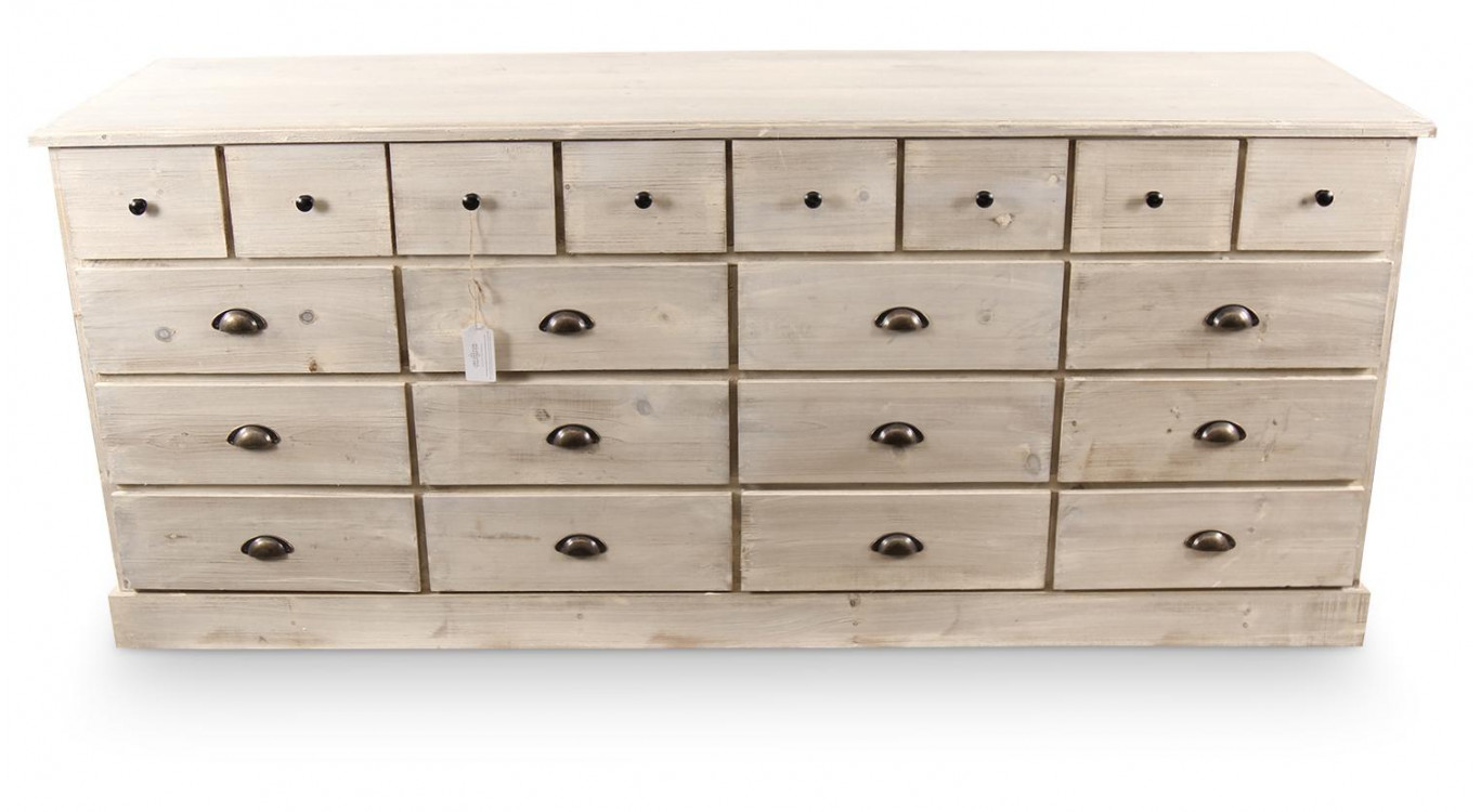 Truhe 20 Schubladen Holz Weiß Gekälkt 199x55x85cm