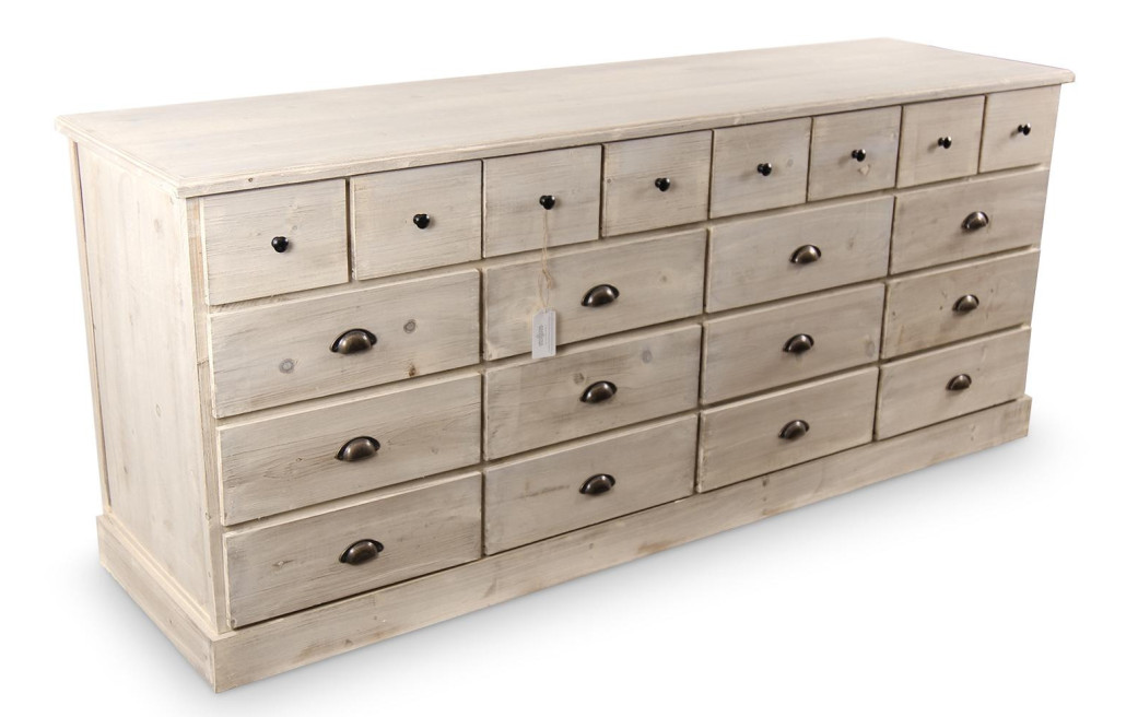 Truhe 20 Schubladen Holz Weiß Gekälkt 199x55x85cm
