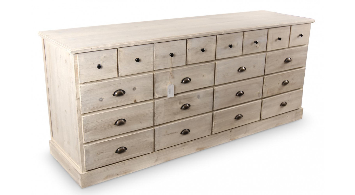 Truhe 20 Schubladen Holz Weiß Gekälkt 199x55x85cm