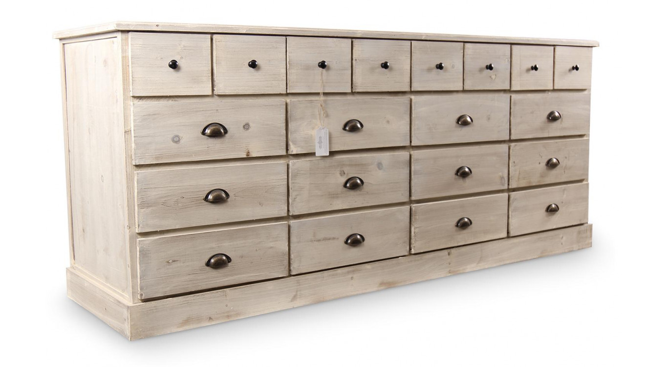 Truhe 20 Schubladen Holz Weiß Gekälkt 199x55x85cm