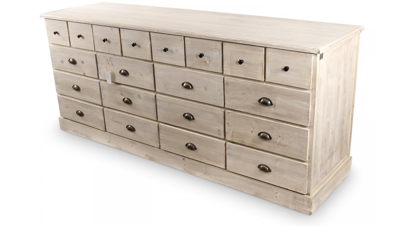 Truhe 20 Schubladen Holz Weiß Gekälkt 199x55x85cm