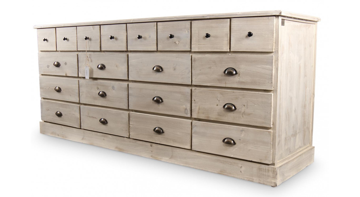 Truhe 20 Schubladen Holz Weiß Gekälkt 199x55x85cm