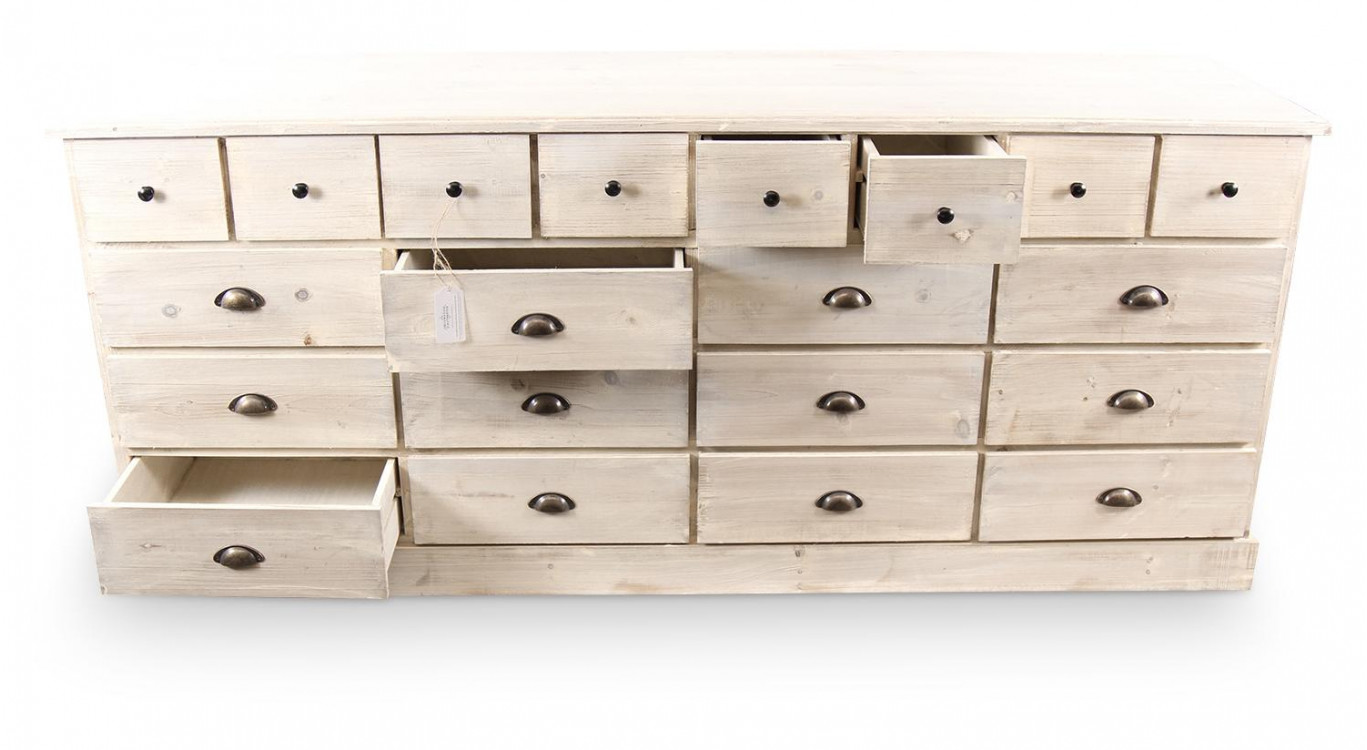 Truhe 20 Schubladen Holz Weiß Gekälkt 199x55x85cm