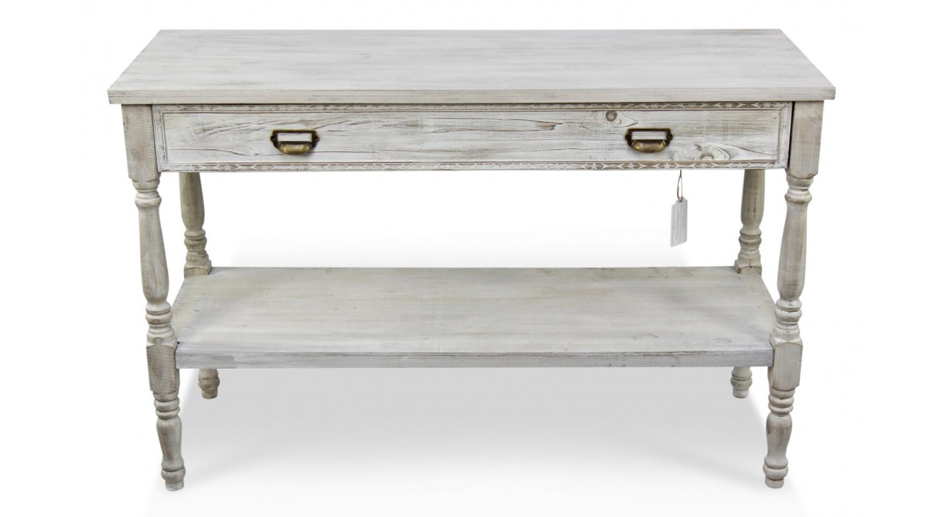 Meuble Console Drapier Bois Cerusé Blanc 1 Tiroir 120x45x77cm
