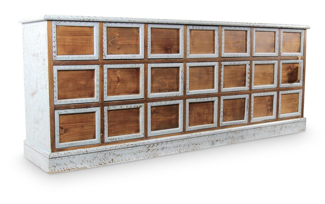 Bahut 21 Tiroirs Bois Bleu Vieilli Nu 192x40.5x76cm