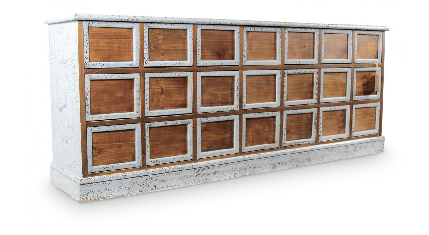 Bahut 21 Tiroirs Bois Bleu Vieilli Nu 192x40.5x76cm