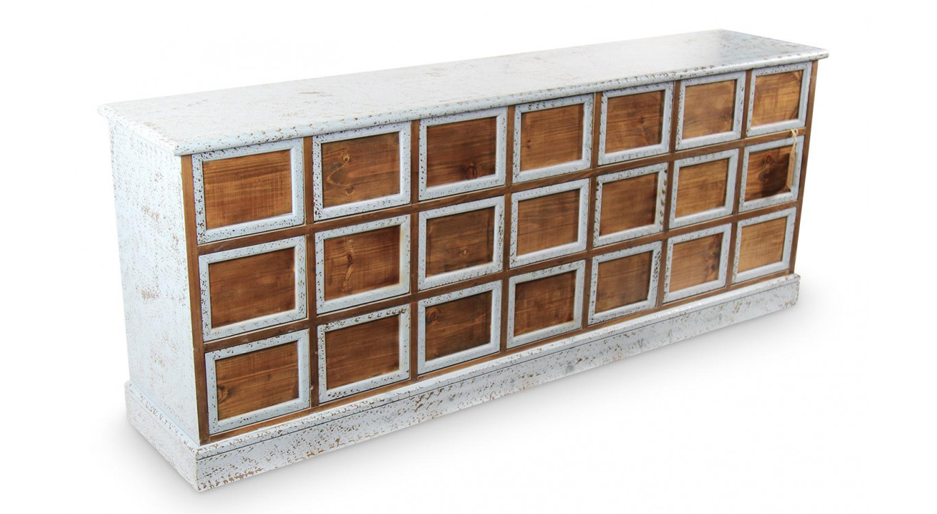 Bahut 21 Tiroirs Bois Bleu Vieilli Nu 192x40.5x76cm