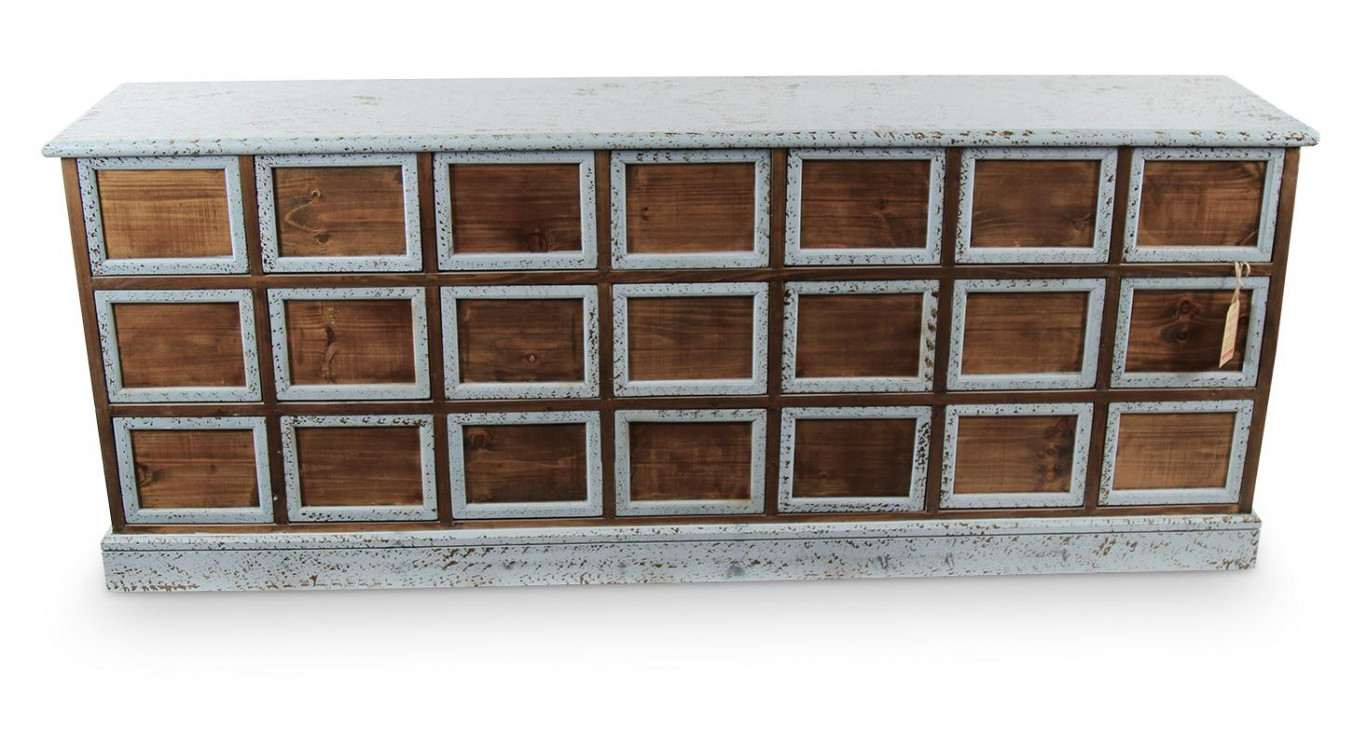 Bahut 21 Tiroirs Bois Bleu Vieilli Nu 192x40.5x76cm