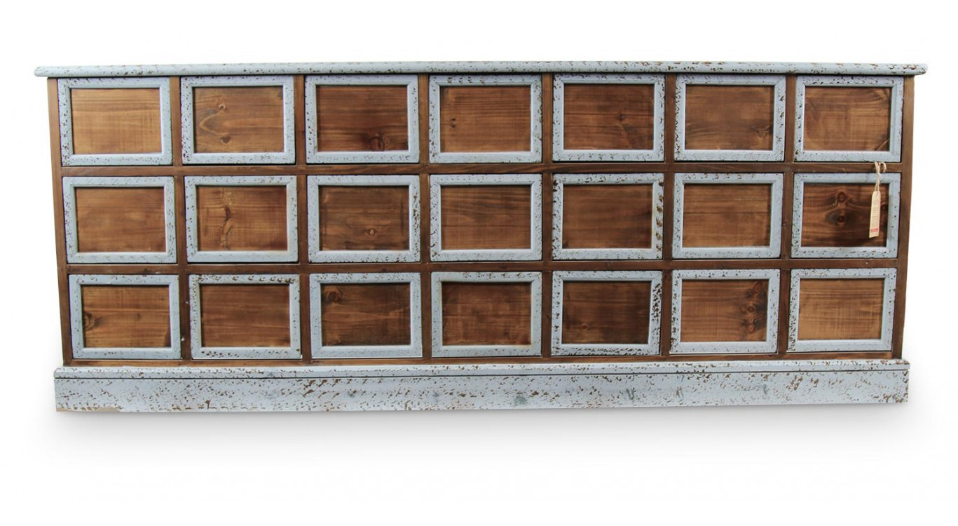 Bahut 21 Tiroirs Bois Bleu Vieilli Nu 192x40.5x76cm