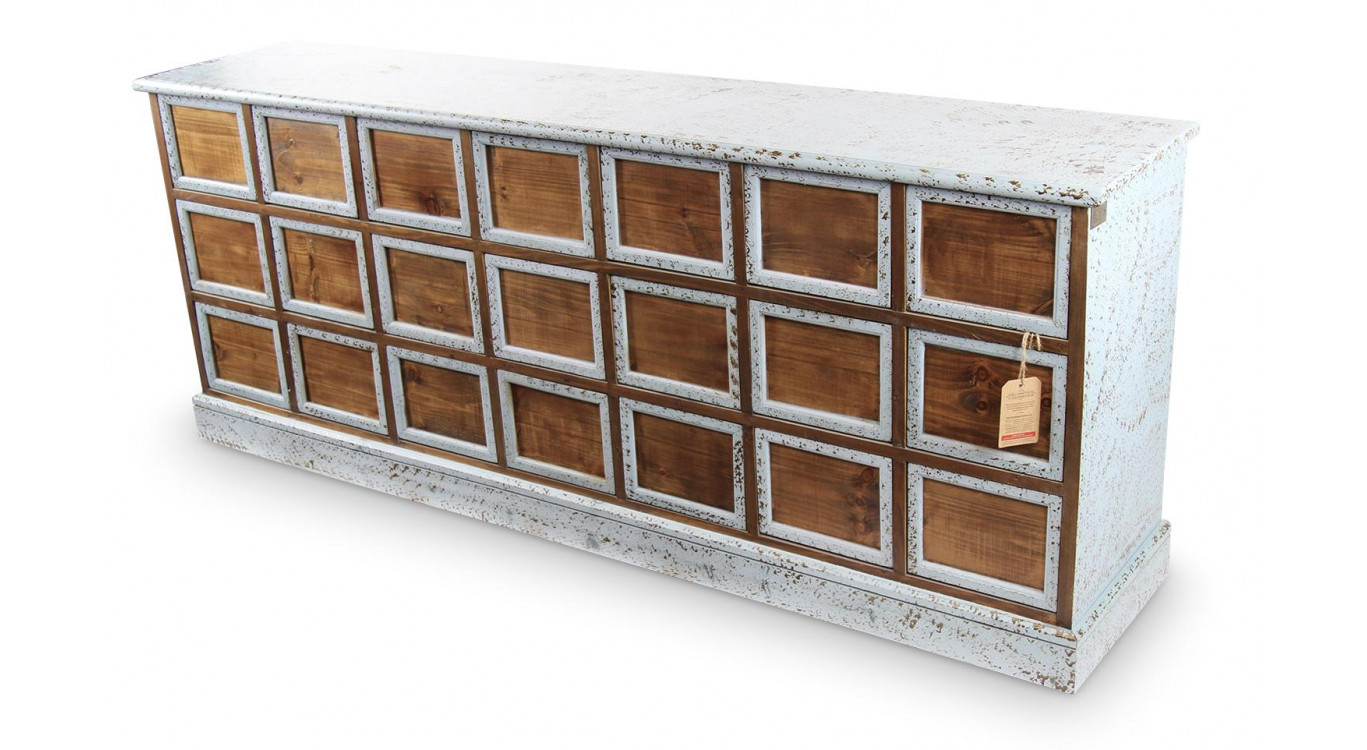 Bahut 21 Tiroirs Bois Bleu Vieilli Nu 192x40.5x76cm