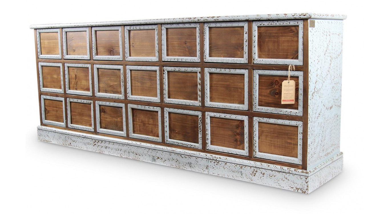 Bahut 21 Tiroirs Bois Bleu Vieilli Nu 192x40.5x76cm