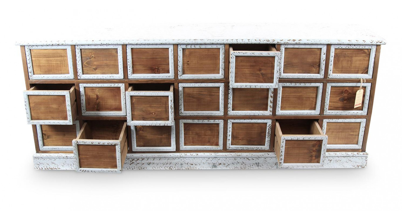 Bahut 21 Tiroirs Bois Bleu Vieilli Nu 192x40.5x76cm