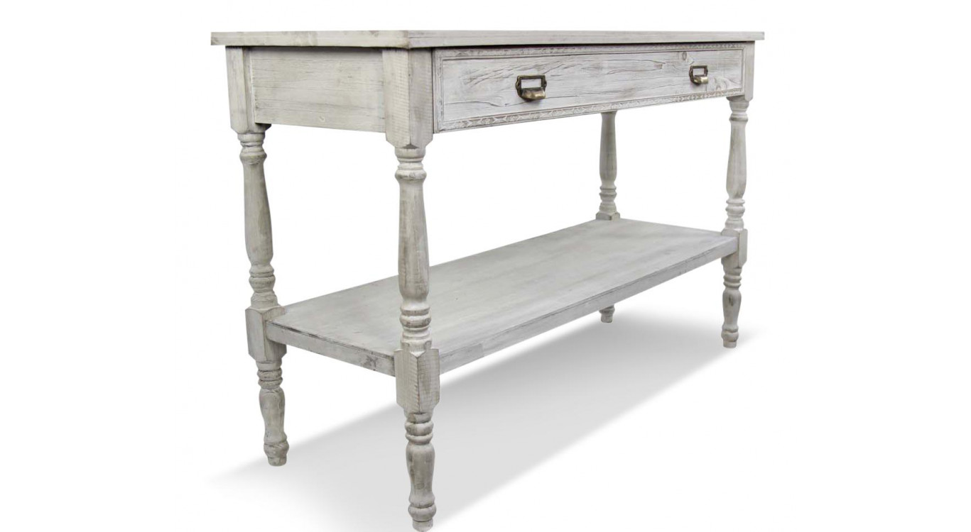 Meuble Console Drapier Bois Cerusé Blanc 1 Tiroir 120x45x77cm