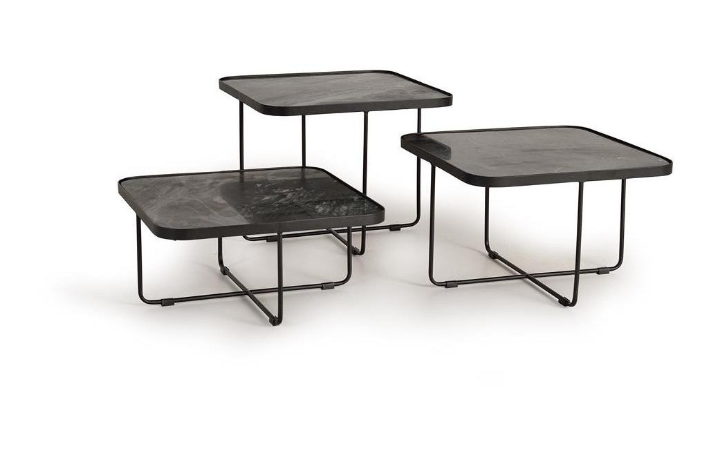Lot De 3 Tables Basses Fer, Marbre Noir 60x60x114cm