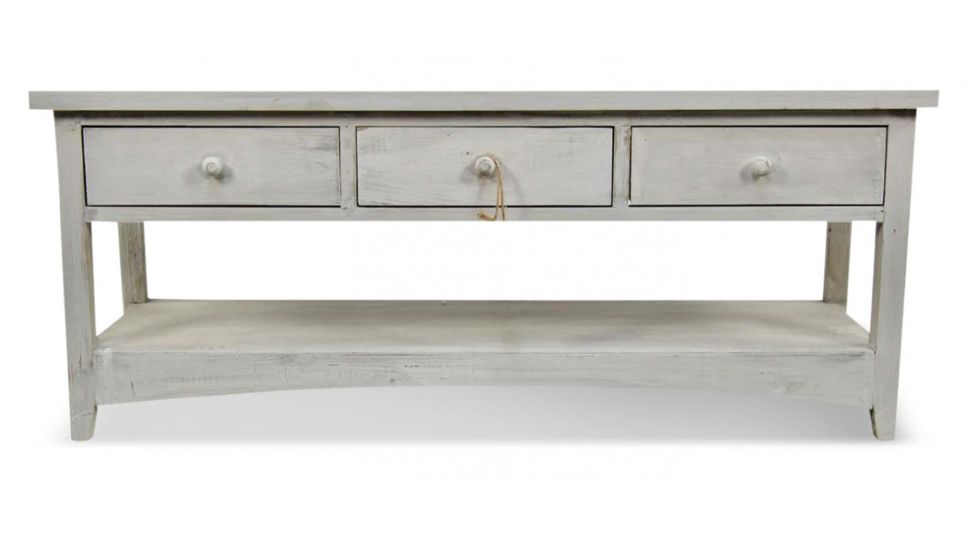 Meuble Console Bois Cerusé Blanc 3 Tiroirs 110x38x45cm