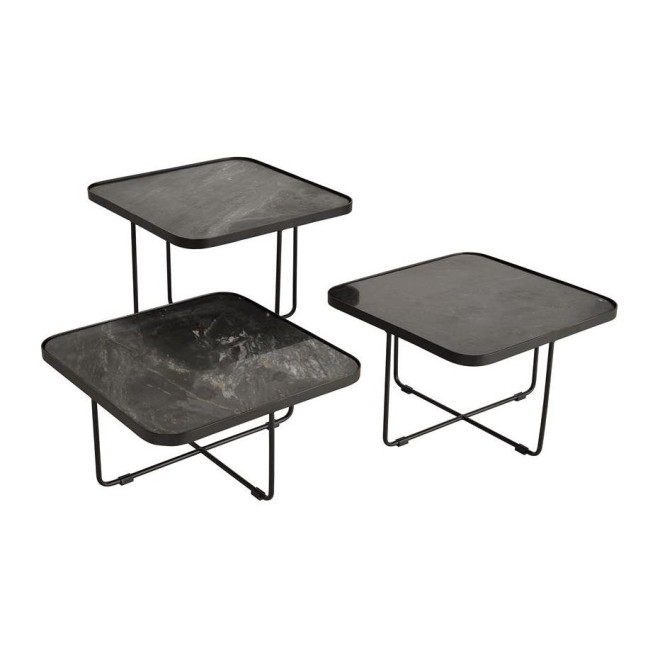 Lot De 3 Tables Basses Fer, Marbre Noir 60x60x114cm