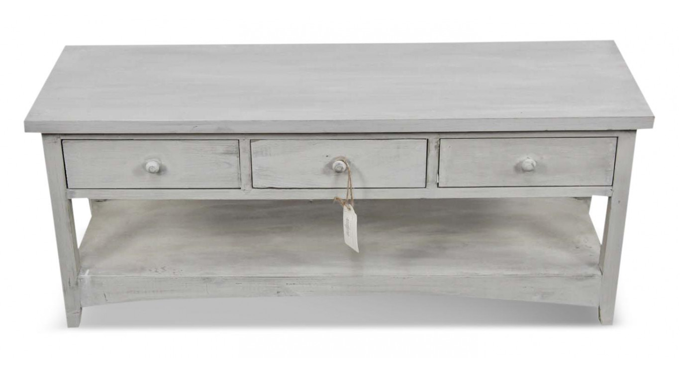 Meuble Console Bois Cerusé Blanc 3 Tiroirs 110x38x45cm
