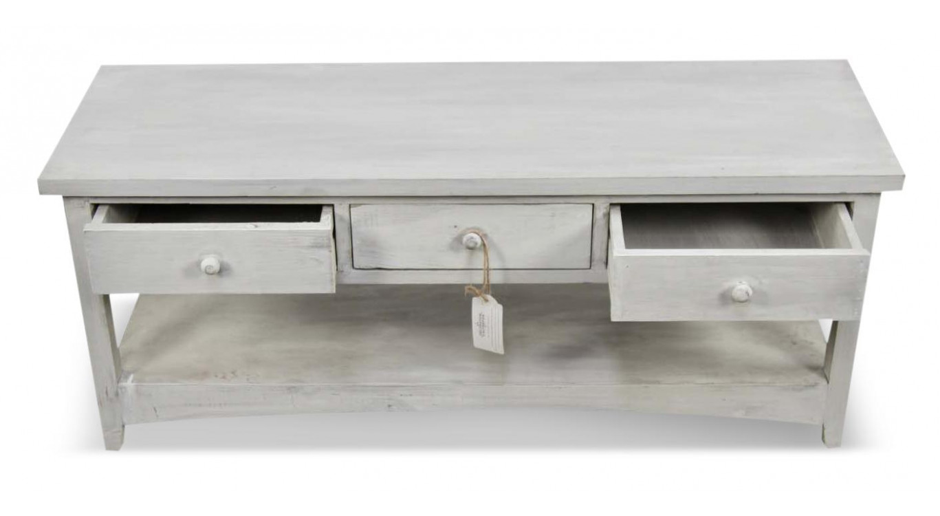Meuble Console Bois Cerusé Blanc 3 Tiroirs 110x38x45cm