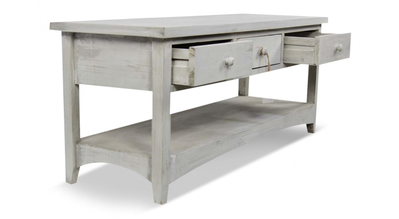 Meuble Console Bois Cerusé Blanc 3 Tiroirs 110x38x45cm