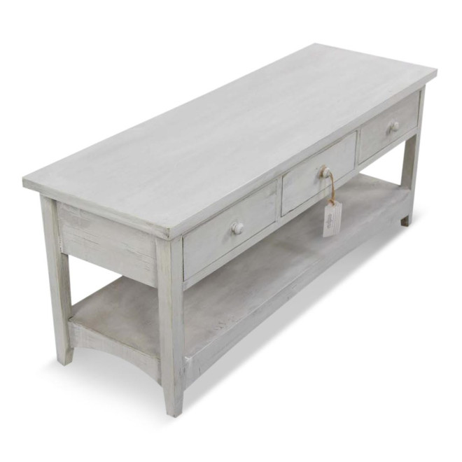 Meuble Console Bois Cerusé Blanc 3 Tiroirs 110x38x45cm