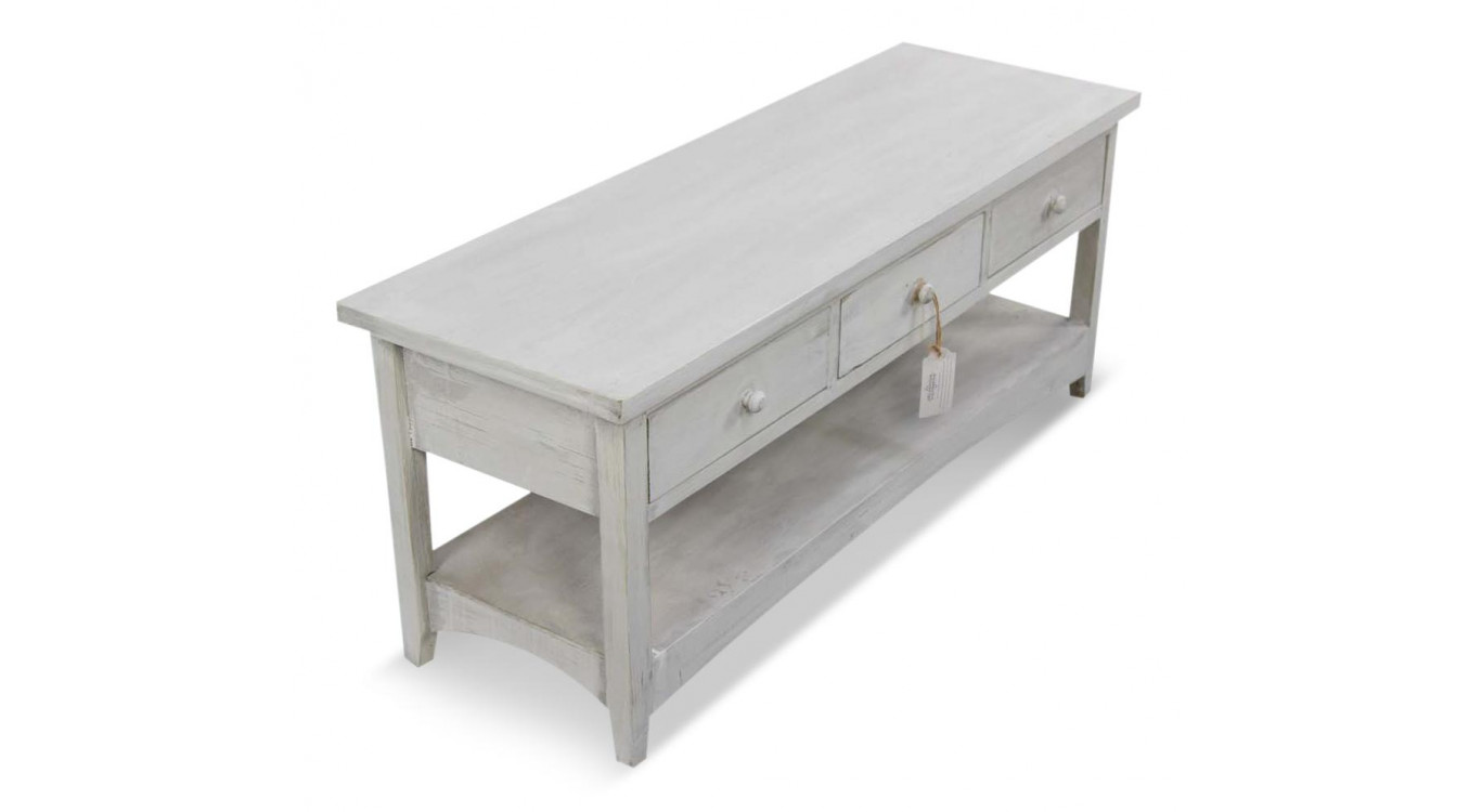 Meuble Console Bois Cerusé Blanc 3 Tiroirs 110x38x45cm