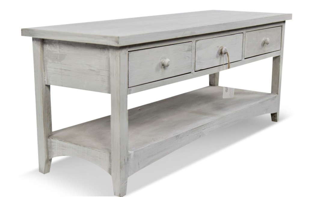 Meuble Console Bois Cerusé Blanc 3 Tiroirs 110x38x45cm